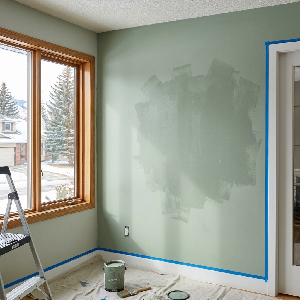 A close-up of a painter's ladder and drop cloth in a Calgary living room, mid-project, color swatches on the wall, brush + roller tray, professional prep atmosphere